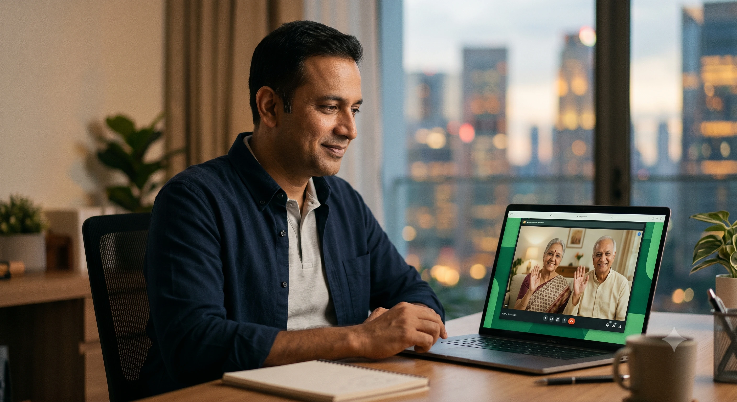 NRI adult child on video call with elderly parents in India