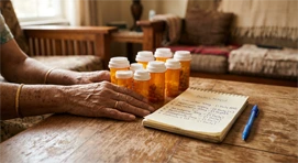 Elderly patient with multiple prescription medicines and medication list